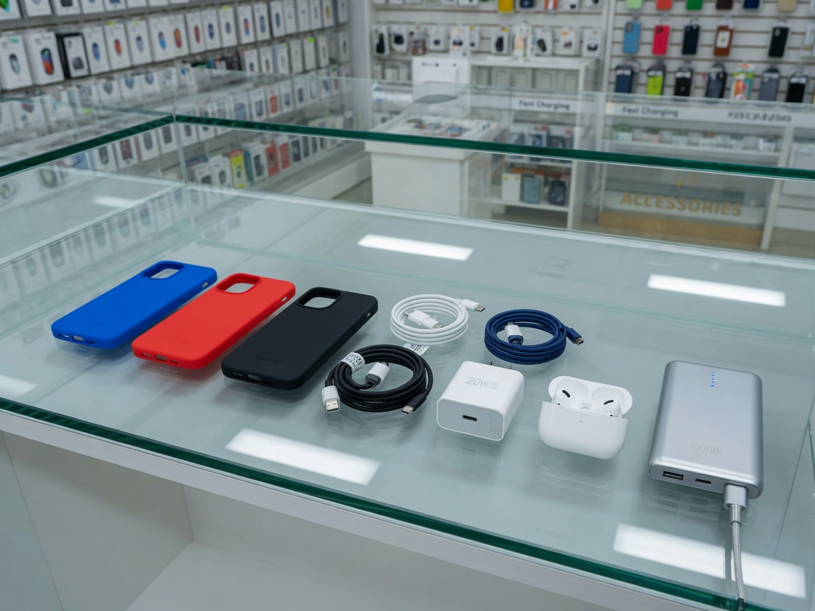 Capas, cabos, carregador, fones e power bank no balcão da loja