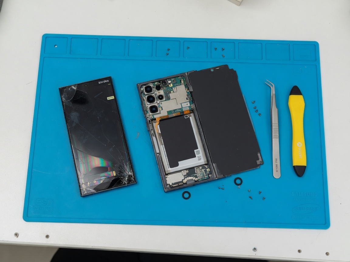 Celular Android aberto na bancada para reparo de tela, bateria e placa