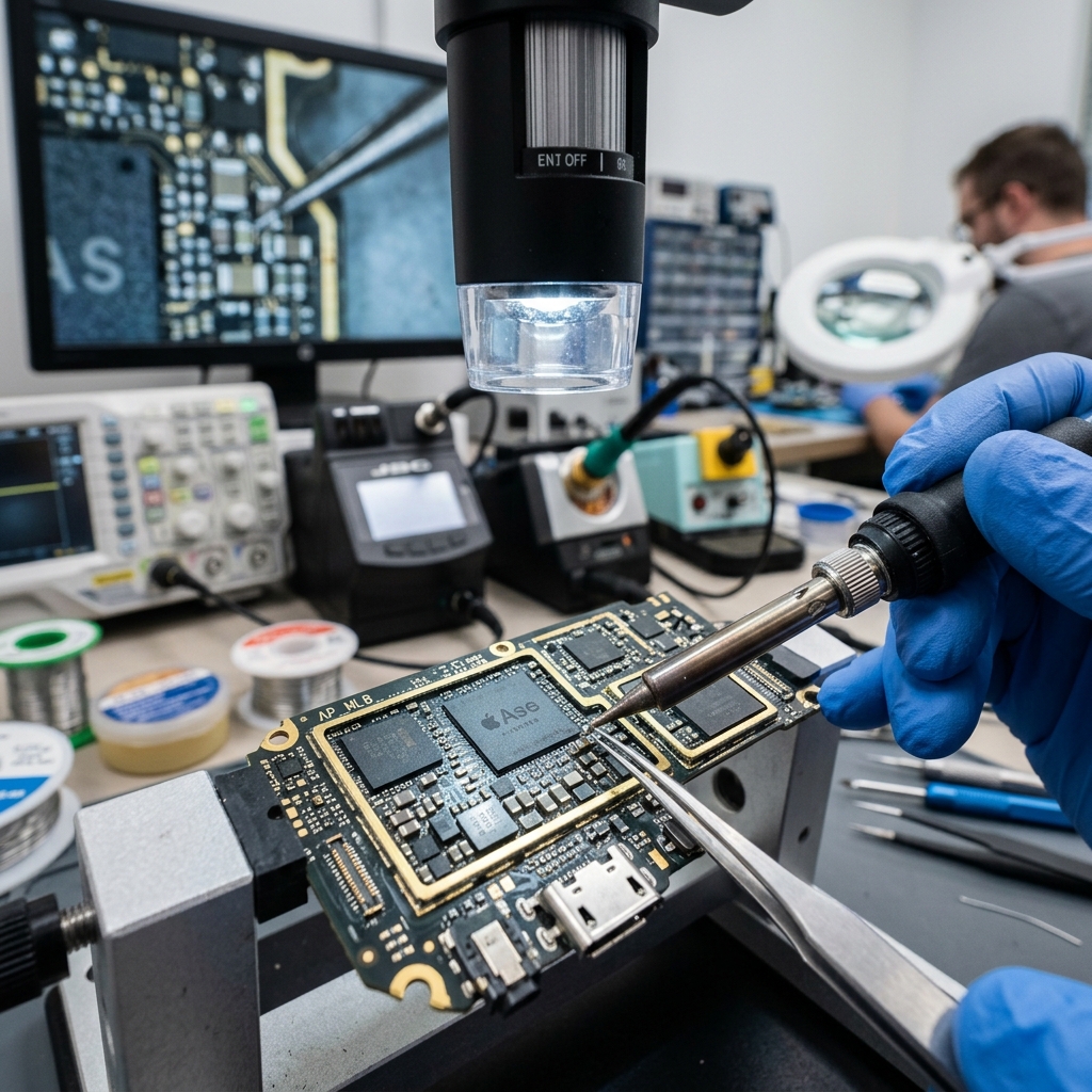 Microssolda em placa de iPhone sob microscópio de precisão