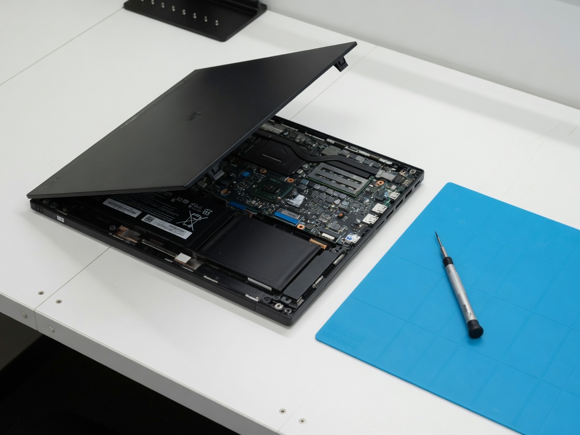 Notebook aberto na bancada para manutenção de bateria e placa